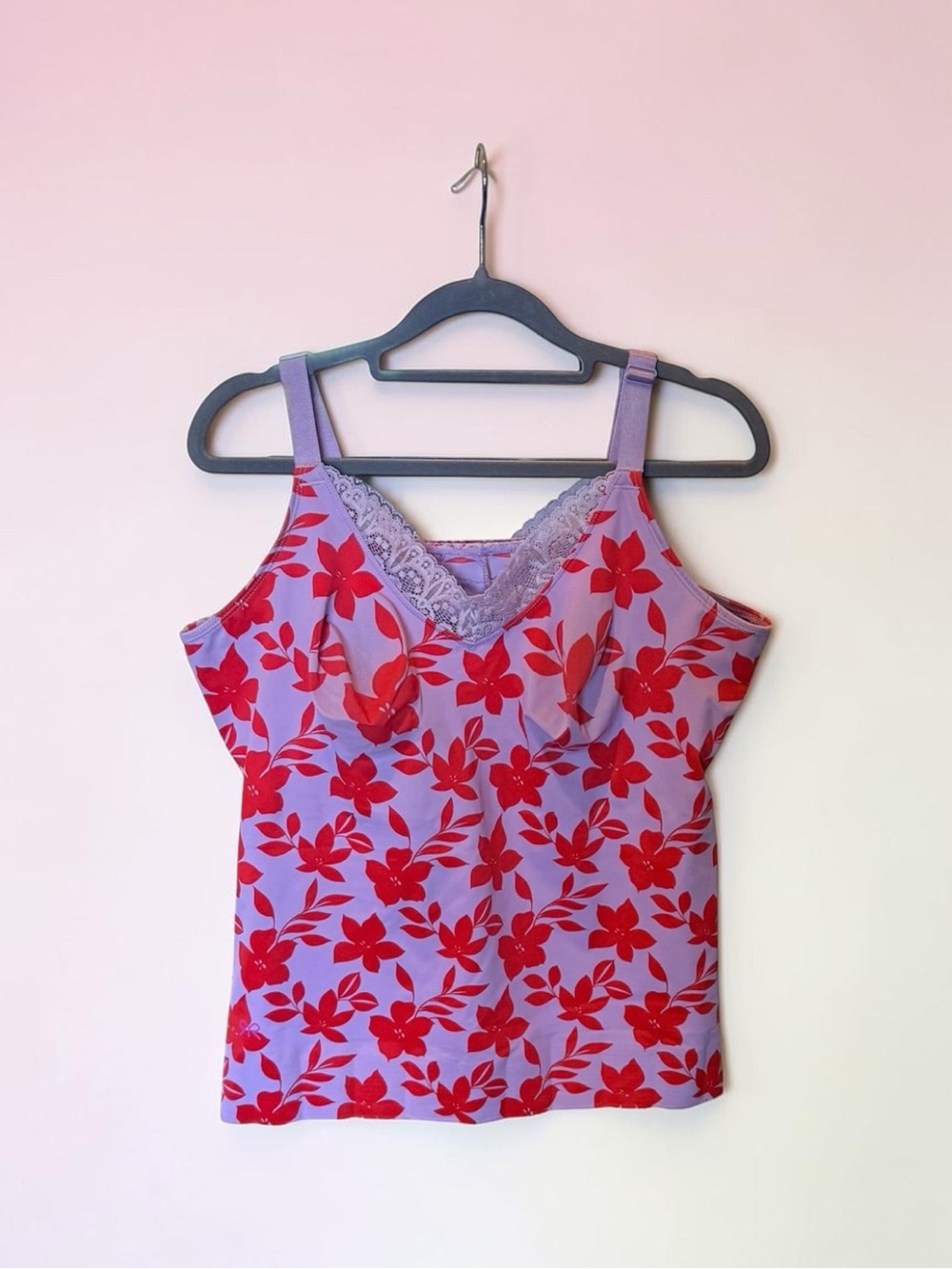 Ruby Ribbon Lavender Tank with Red Floral Print and Lavender Lace Trim